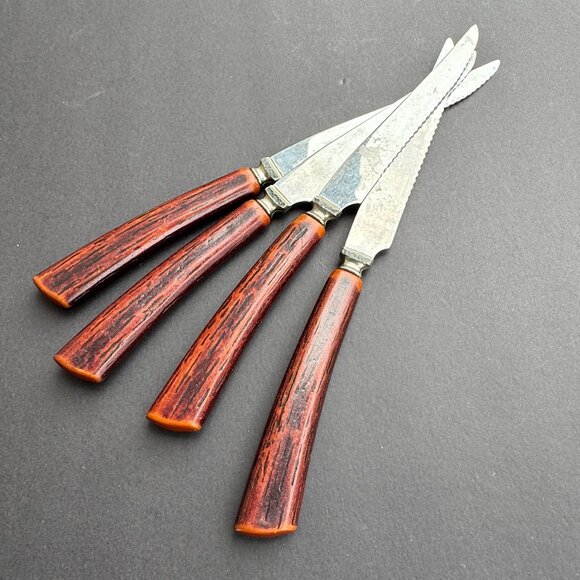Vintage Set of 4 Steak Knives by Glo Hill Canada Faux Antlers & Stainless Steel - Picture 1 of 6